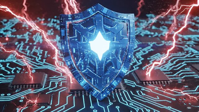 This visually striking video features a blue digital shield with a bright glowing center, set against a backdrop of a complex electronic circuit.