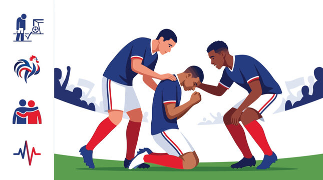 Professional flat vector of soccer teammates supporting a defeated player kneeling on the field, wearing blue and white jerseys, including rooster and sportsmanship icons.