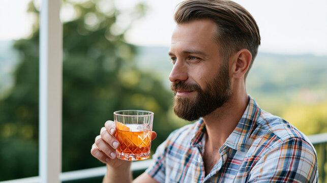 Man enjoying refreshing cocktail on a summer terrace, bearded male relaxing outdoors, drinking an aperitivo in a glass, feeling good with a view, copy space
