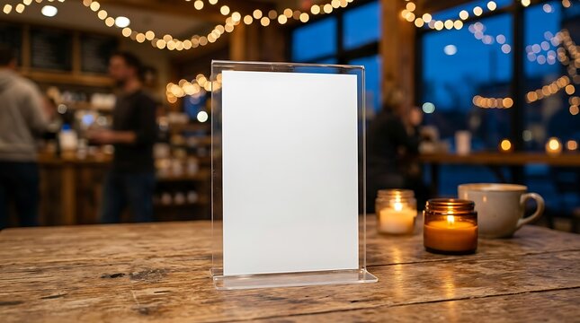 Blank table tent card mockup inside an acrylic holder on a rustic wooden surface in a cozy cafe with warm string lights perfect for showcasing restaurant menus prices and promotions.