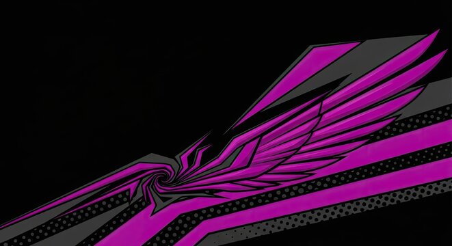 Purple and black winged racing decal on dark background.