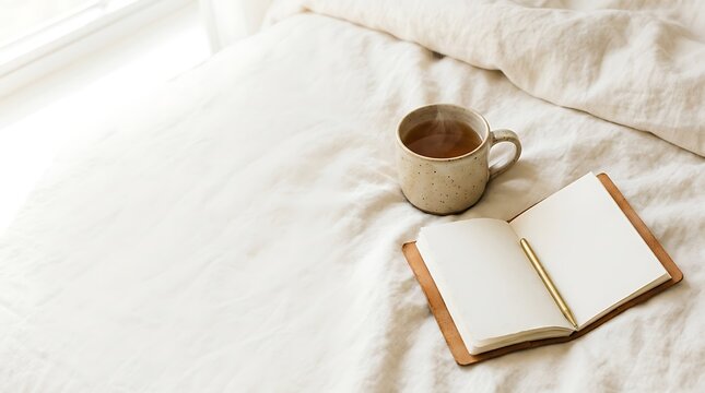 Cozy morning journaling scene with a warm ceramic mug of tea and an open blank diary with a golden pen resting on soft crumpled beige linen bed sheets under gentle natural morning light.