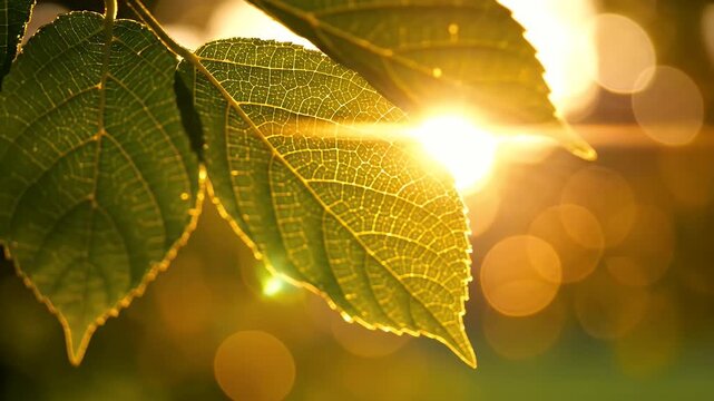 This video showcases a close-up view of translucent green leaves illuminated by soft sunlight. The intricate vein patterns of the leaves are highlighted, and a warm, golden glow adds an enchanting