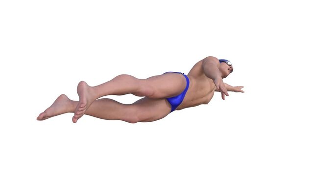 3D Render :  a male character  performs freestyle swimming , 45 degrees back view
