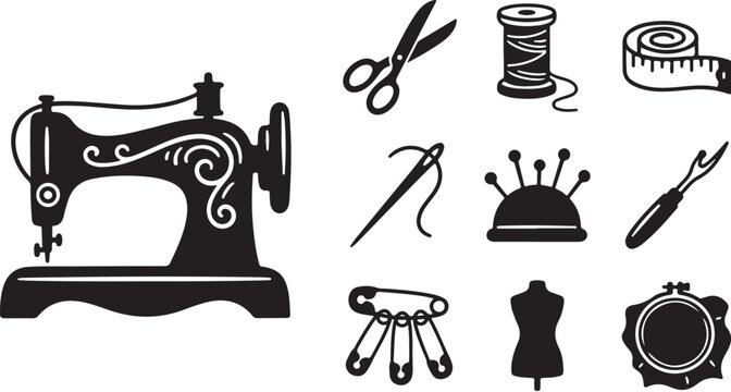 Sewing tools and machine illustration set black