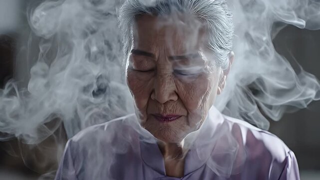 This video depicts an elderly woman enveloped in swirling smoke, her eyes closed in deep contemplation.