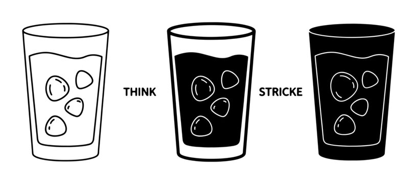 Three Glasses of Drink with Ice Cubes, Line Art, Silhouette, and Solid Fill, Representing Different Perspectives or States of Mind