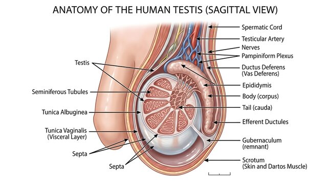 Anatomy of the Human Testis (Sagittal View): Cross‑Section Displaying Seminiferous Tubules, Tunica Albuginea and Vaginalis, Septa, Epididymis, Spermatic Cord, Vessels, Nerves and Supporting Scrotal Mu