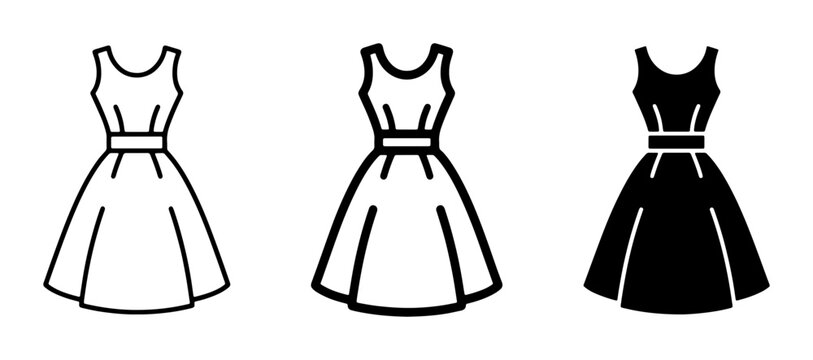 3 Simple Dress Icons: Outline, Line Art, and Silhouette for Fashion Design, Style Guides, and Apparel Graphics