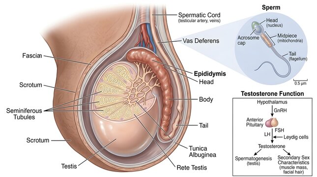 Human Testis and Epididymis: Detailed Sagittal Illustration Showing Seminiferous Tubules, Epididymal Regions, Vas Deferens, Sperm Structure Inset and Hormonal Control of Testosterone for Male Reproduc