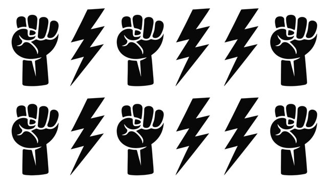 Black raised fist and lightning bolt protest symbol pattern isolated on white background
