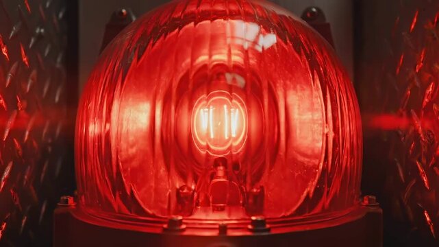 Red alarm beacon spinning in tight close-up, flashing urgent warning inside a secure facility as the rotating light casts intense glow, signaling emergency status, rapid response, heightened security.