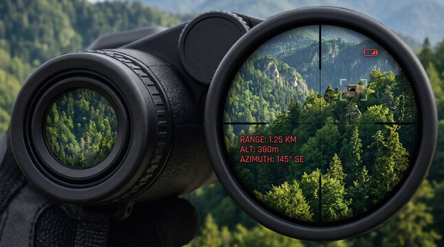 A close-up first-person view through a high-tech tactical binocular reticle showing digital data like range, altitude, and azimuth, focusing on a dense green forest mountain landscape.