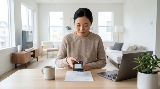 Asian woman scanning document with phone at home, managing paperwork remotely.