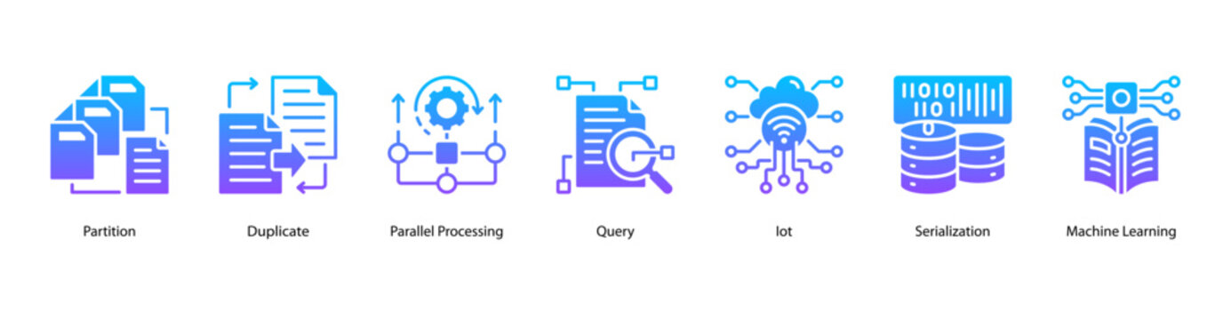 Intelligent Data web banner icon vector illustration featuring Partition, Duplicate, Parallel Processing, Query, IoT, Serialization, and Machine Learning.