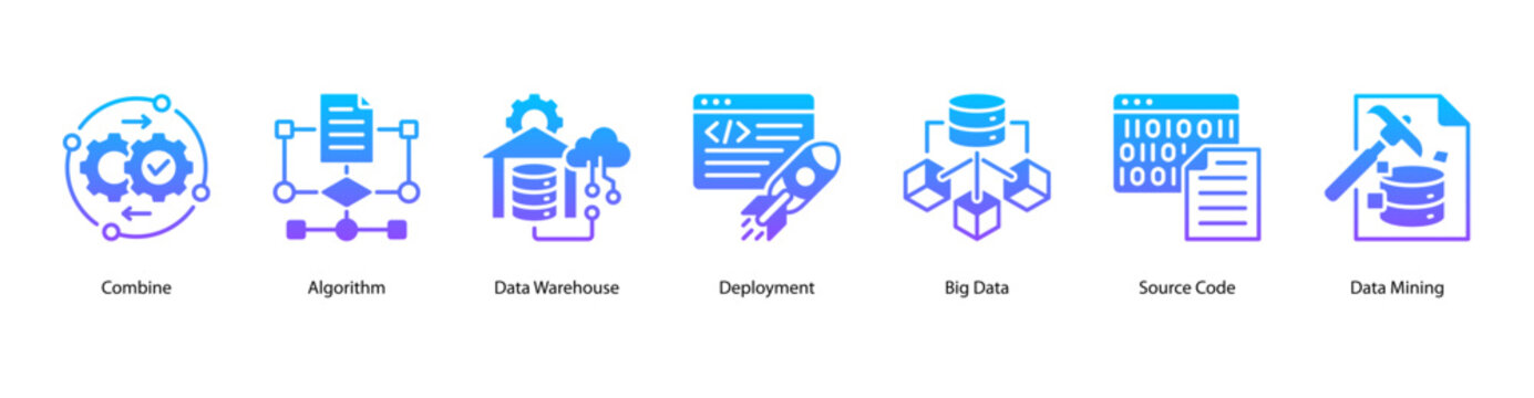 Data Systems web banner icon vector illustration featuring Combine, Algorithm, Data Warehouse, Deployment, Big Data, Source Code, and Data Mining.