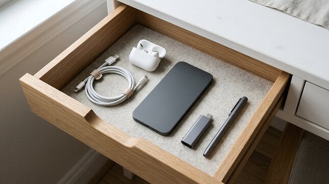 Desk drawer organization with tech gadgets and accessories concept