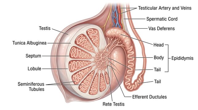 Testis and Epididymis Longitudinal Section: Internal Lobules with Seminiferous Tubules, Rete Testis, Efferent Ductules and Epididymal Head, Body and Tail Alongside Spermatic Cord Containing Testicular
