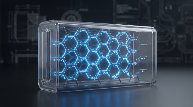 Photorealistic 3D render of a futuristic solid-state battery cell with a glowing blue graphene lattice structure inside a transparent glass casing.