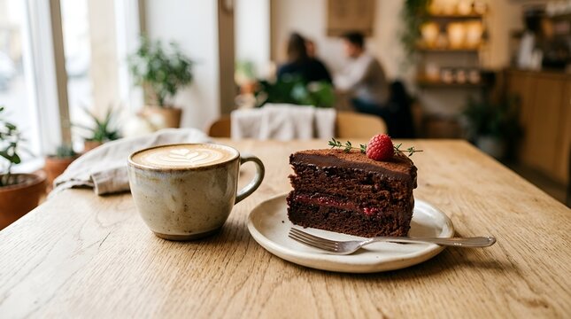Coffee and cake on wooden table in a cafe