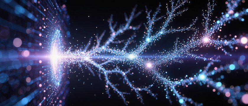 Futuristic data stream splitting into multiple paths, glowing particle network blue and purple, abstract technology background with dynamic energy