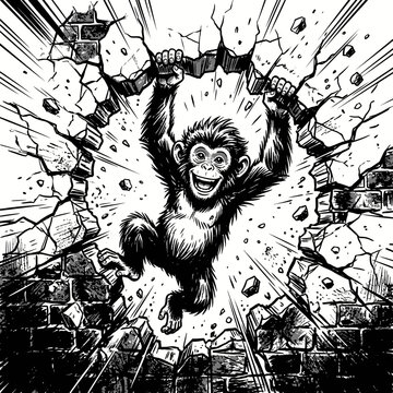 Monkey breaking through wall, comic book illustration, black and white, vector art, dynamic action scene