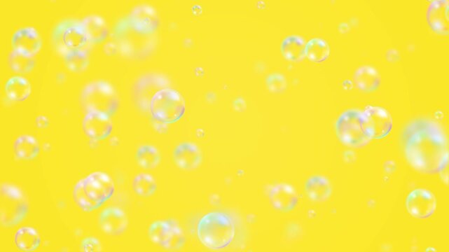 Floating Soap Bubble on yellow background animation,air bubbles cosmetics and cleaning social media motion design element