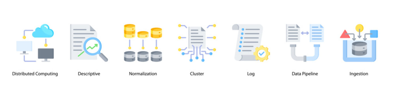 Data Processing web banner icon vector illustration featuring Distributed Computing, Descriptive, Normalization, Cluster, Log, Data Pipeline, and Ingestion.