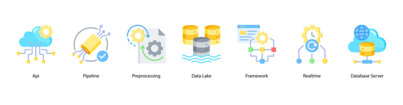 Data Infrastructure web banner icon vector illustration featuring API, Pipeline, Preprocessing, Data Lake, Framework, Realtime, and Database Server.