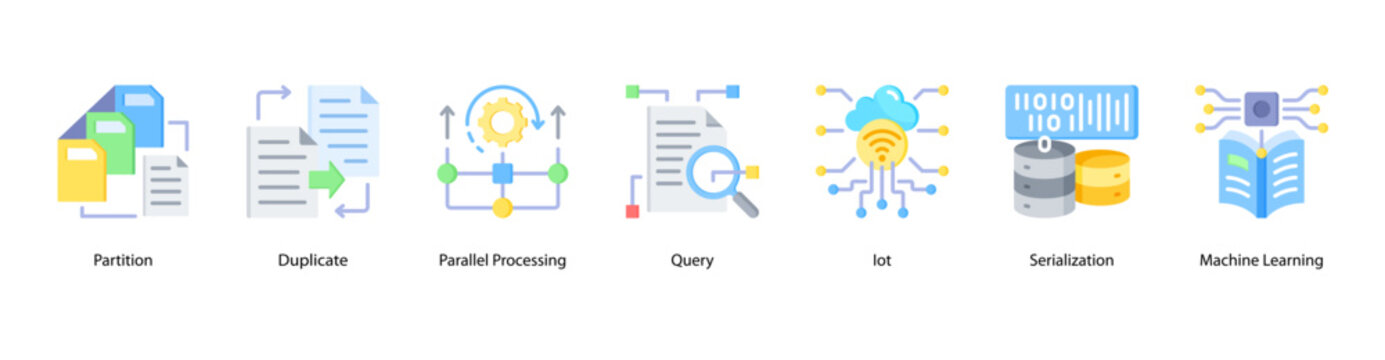Intelligent Data web banner icon vector illustration featuring Partition, Duplicate, Parallel Processing, Query, IoT, Serialization, and Machine Learning.