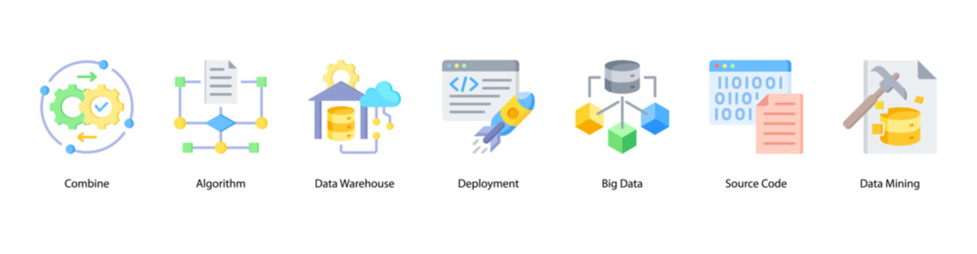 Data Systems web banner icon vector illustration featuring Combine, Algorithm, Data Warehouse, Deployment, Big Data, Source Code, and Data Mining.