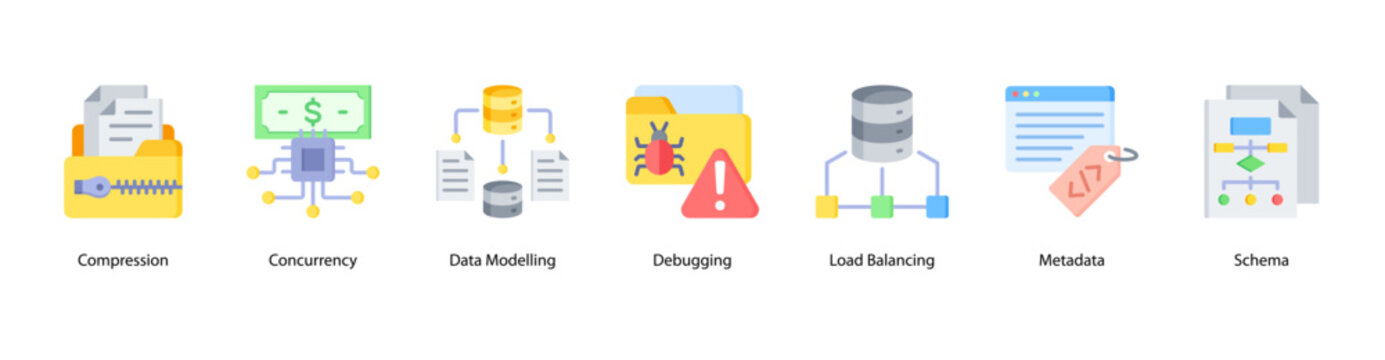 Data Architecture web banner icon vector illustration featuring Compression, Concurrency, Data Modelling, Debugging, Load Balancing, Metadata, and Schema.