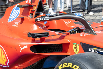 Obraz premium Sibiu, Romania - May 25, 2026 a Ferrari SF-26 Formula 1 car unveiled for the 2026 exhibited in the large square in the city center Sibiu