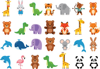 Cute cartoon animal collection vector illustration featuring safari wildlife, ocean creatures, forest animals, and adorable nursery character design set © Momota