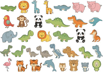 Obraz premium Cute cartoon animal and dinosaur collection vector illustration featuring safari wildlife, prehistoric creatures, and adorable zoo character design set