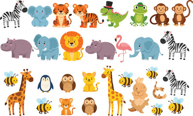 Obraz premium Cute cartoon animal collection vector illustration featuring jungle wildlife, safari creatures, birds, insects, and adorable zoo character design set
