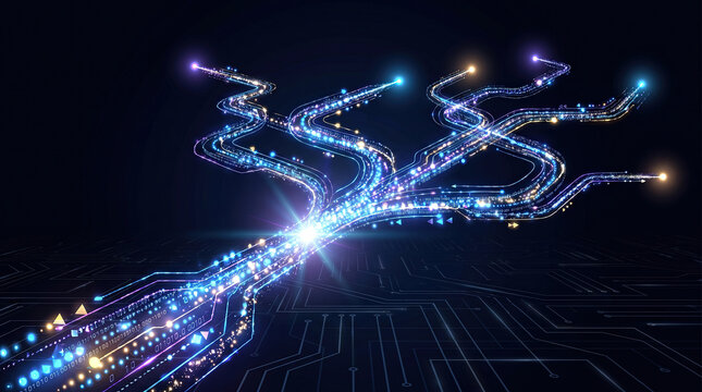 Data stream network digital technology fiber optic connection information Data stream splitting into multiple glowing paths with binary code dark