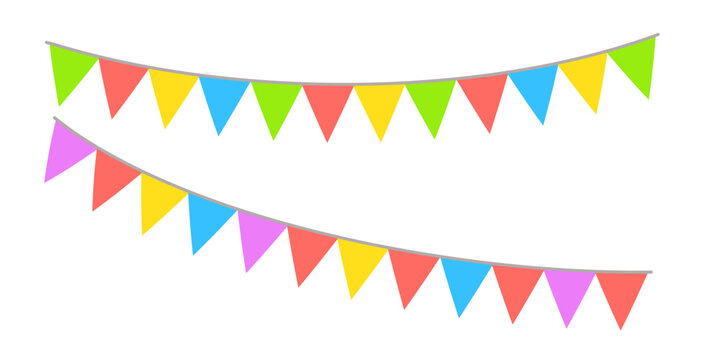 Garland colorful bunting flags on string for birthday party decoration, holiday anniversary fabric cute design, modern festive hanging decor. Isolated. Vector illustration