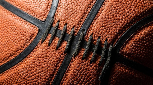 Extreme macro close-up of an orange basketball surface featuring pebbled leather texture, black rubber channels, and detailed black stitching.