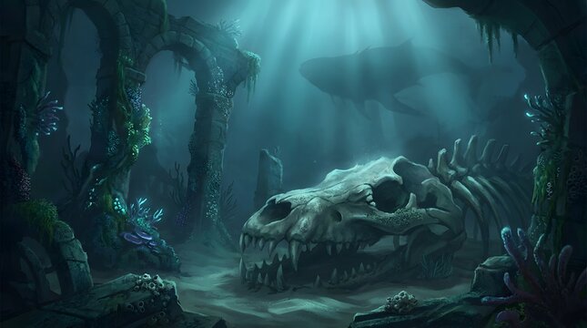 Leviathan Skull and Ancient Sea Ruins on Dark Ocean Floor