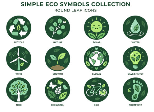 Collection of Round Eco Symbols and Icons Representing Nature and Sustainability