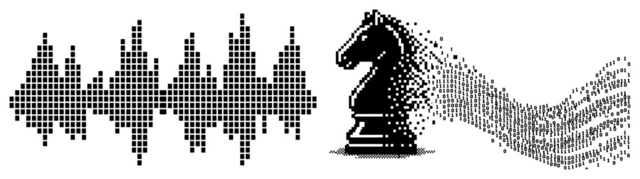 Chess knight piece dissolving into pixelated sound wave bars in digital dithered retro style