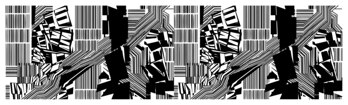 Abstract geometric shapes and fragmented lines in a constructivist black and white composition