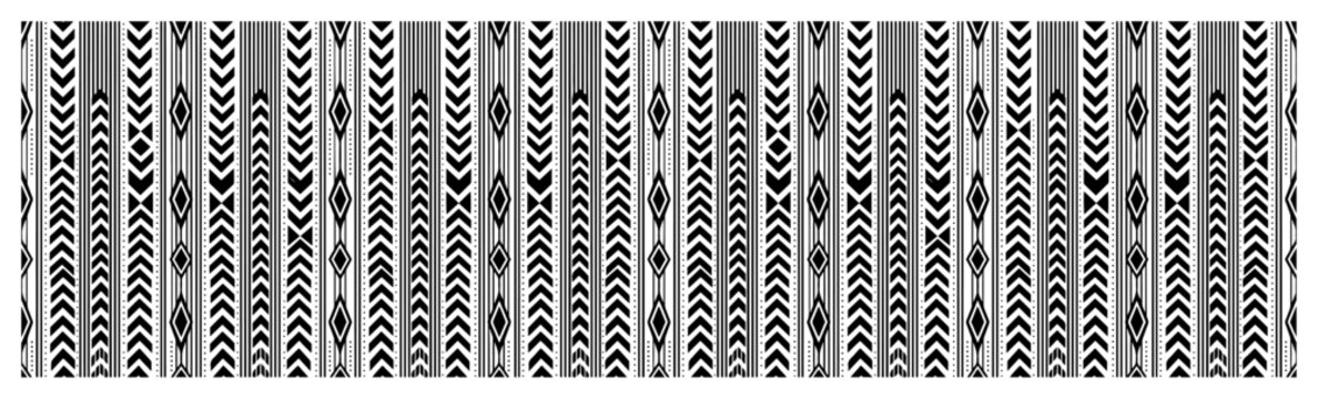 Vertical tribal borders with chevron and diamond patterns in ethnic monochrome style