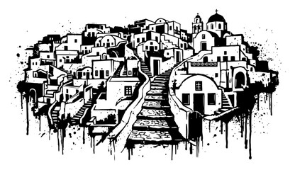 Mediterranean coastal village with traditional white houses and domes in artistic ink splatter style © UrbanDruid