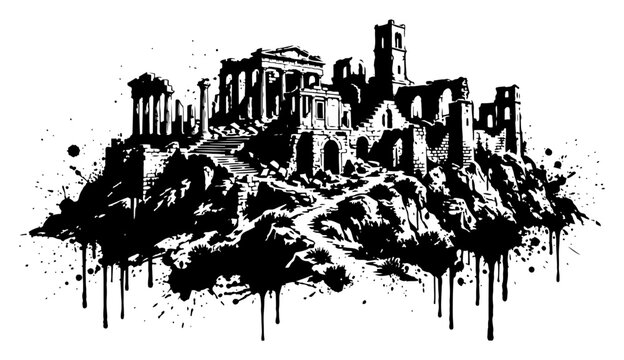 Ancient temple ruins on a rocky hill with artistic ink splatters in grunge style