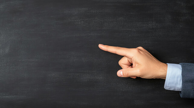 A close-up of a businessman's hand pointing at a blank blackboard, symbolizing communication and presentation.