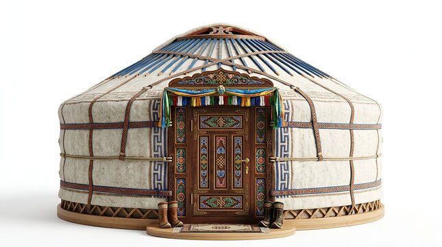 Traditional mongolian yurt ger door with intricate colorful geometric patterns and decorative wood carvings isolated on white background central asian nomadic culture home architecture