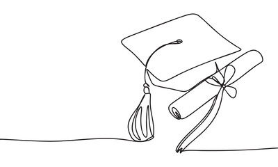 Obraz premium Graduation cap and diploma scroll one line continuous style
