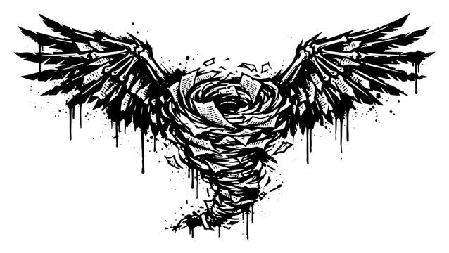 Tornado whirlwind with large eagle wings in aggressive ink splatter style